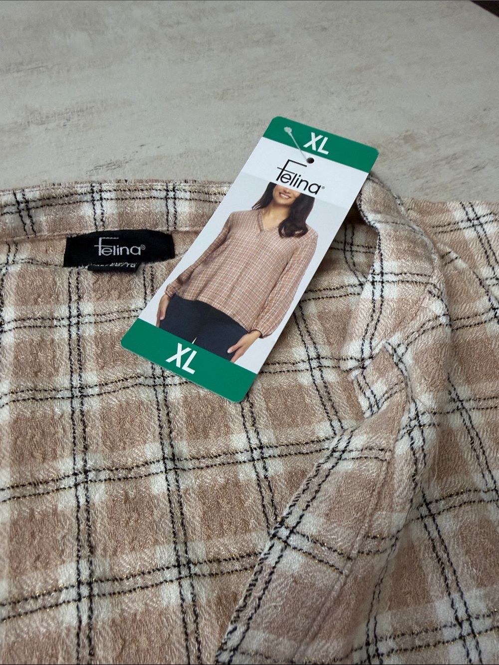 Felina Plaid Long Sleeve Top in Beige and Black